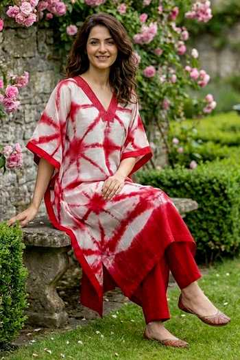 Missprint_Red Silk, Chanderi, Cotton V-neck Tie Dye Kaftan And Pant Set _at_Aza_Fashions