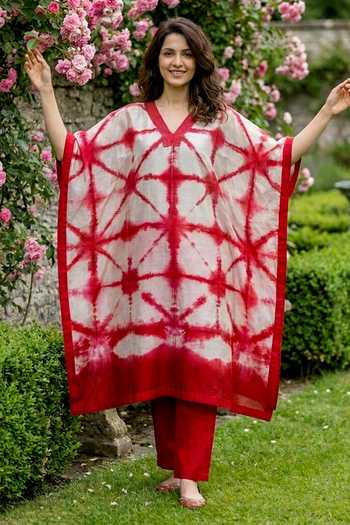 Buy_Missprint_Red Silk, Chanderi, Cotton V-neck Tie Dye Kaftan And Pant Set 