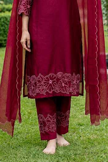 Shop_Missprint_Wine Silk, Chanderi, Cotton, Organza Round Neck Embroidered Kurta Set _Online_at_Aza_Fashions