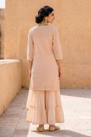 Shop_Missprint_Peach Silk, Chanderi, Muslin Round Neck Block Print Kurta Sharara Set _at_Aza_Fashions