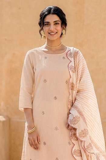 Missprint_Peach Silk, Chanderi, Muslin Round Neck Block Print Kurta Sharara Set _Online_at_Aza_Fashions