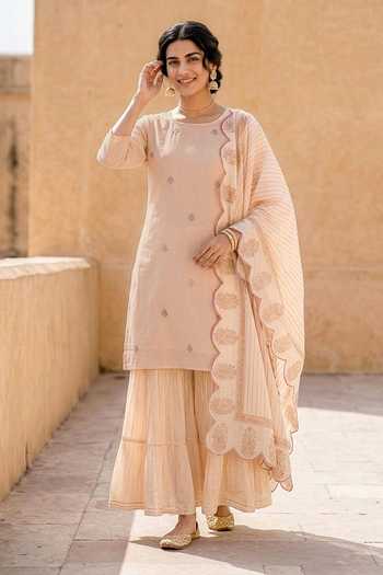 Buy_Missprint_Peach Silk, Chanderi, Muslin Round Neck Block Print Kurta Sharara Set _Online_at_Aza_Fashions