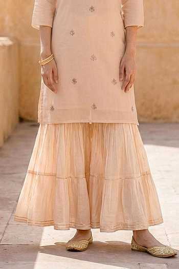 Shop_Missprint_Peach Silk, Chanderi, Muslin Round Neck Block Print Kurta Sharara Set _Online_at_Aza_Fashions
