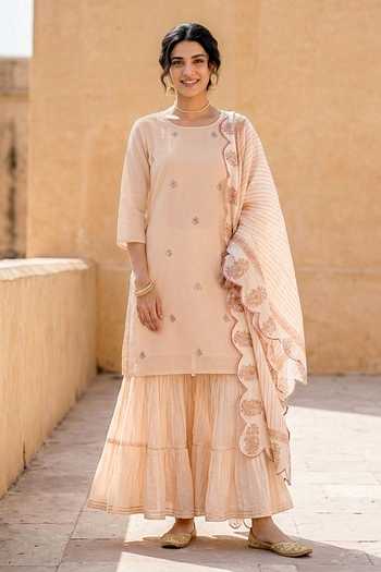 Missprint_Peach Silk, Chanderi, Muslin Round Neck Block Print Kurta Sharara Set _at_Aza_Fashions