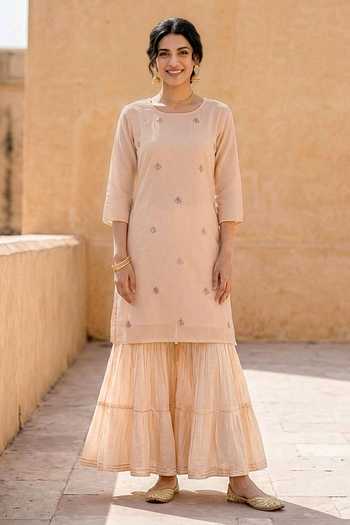 Buy_Missprint_Peach Silk, Chanderi, Muslin Round Neck Block Print Kurta Sharara Set 