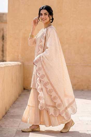 Shop_Missprint_Peach Silk, Chanderi, Muslin Round Neck Block Print Kurta Sharara Set 