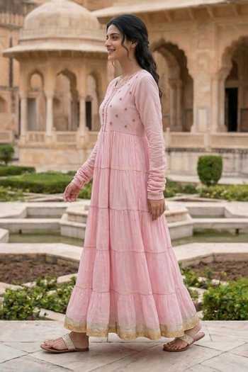 Missprint_Pink Cotton, Lurex Round Neck Tiered Anarkali With Dupatta _Online_at_Aza_Fashions