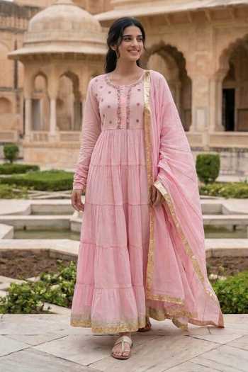 Buy_Missprint_Pink Cotton, Lurex Round Neck Tiered Anarkali With Dupatta _at_Aza_Fashions