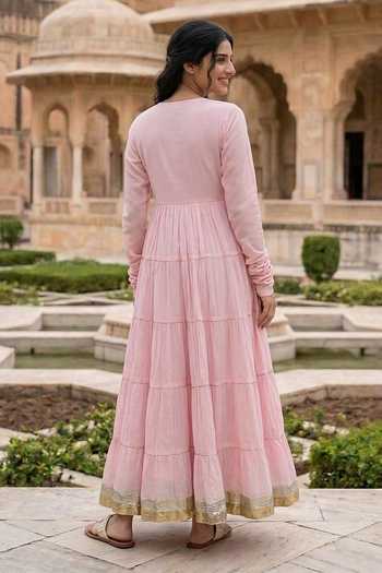 Shop_Missprint_Pink Cotton, Lurex Round Neck Tiered Anarkali With Dupatta _at_Aza_Fashions