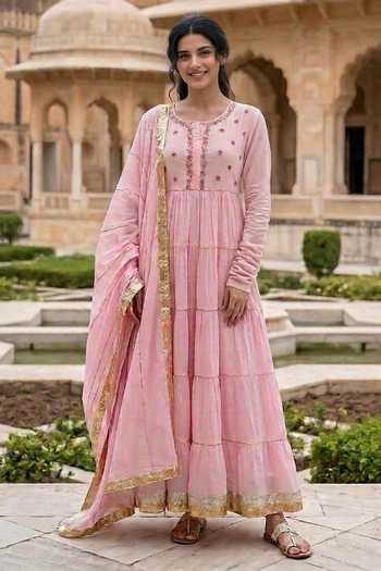 Buy_Missprint_Pink Cotton, Lurex Round Neck Tiered Anarkali With Dupatta _Online_at_Aza_Fashions