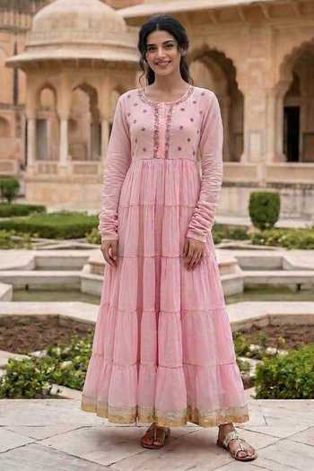Shop_Missprint_Pink Cotton, Lurex Round Neck Tiered Anarkali With Dupatta _Online_at_Aza_Fashions