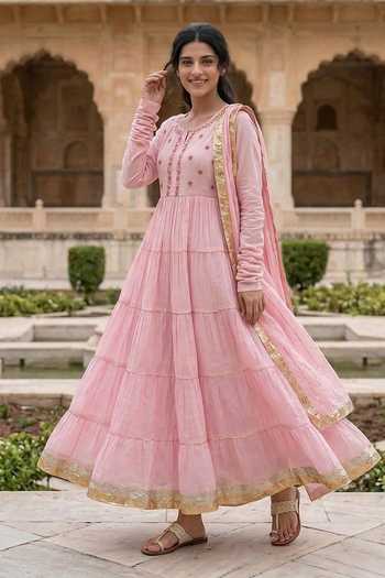 Missprint_Pink Cotton, Lurex Round Neck Tiered Anarkali With Dupatta _at_Aza_Fashions