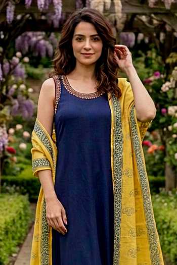 Buy_Missprint_Blue Silk, Chanderi, Modal Round Neck Sleeveless Kurta Set With Mustard Dupatta _Online_at_Aza_Fashions