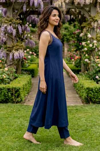 Shop_Missprint_Blue Silk, Chanderi, Modal Round Neck Sleeveless Kurta Set With Mustard Dupatta _Online_at_Aza_Fashions