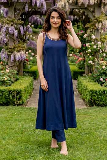 Missprint_Blue Silk, Chanderi, Modal Round Neck Sleeveless Kurta Set With Mustard Dupatta _at_Aza_Fashions
