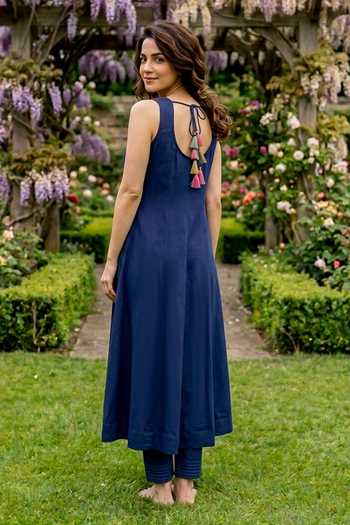 Shop_Missprint_Blue Silk, Chanderi, Modal Round Neck Sleeveless Kurta Set With Mustard Dupatta _at_Aza_Fashions