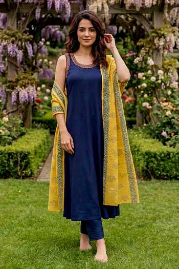 Buy_Missprint_Blue Silk, Chanderi, Modal Round Neck Sleeveless Kurta Set With Mustard Dupatta _at_Aza_Fashions