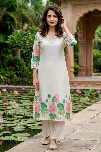 Buy_Missprint_Off White Silk, Chanderi, Cotton V-neck, Yes Lotus Hand Painted Kurta Set _Online_at_Aza_Fashions