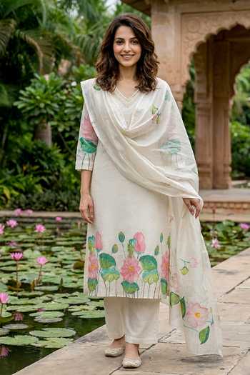 Shop_Missprint_Off White Silk, Chanderi, Cotton V-neck, Yes Lotus Hand Painted Kurta Set _Online_at_Aza_Fashions