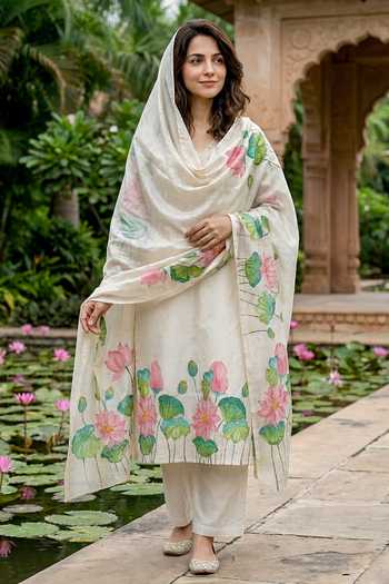 Missprint_Off White Silk, Chanderi, Cotton V-neck, Yes Lotus Hand Painted Kurta Set _at_Aza_Fashions