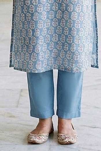 Missprint_Blue Silk, Chanderi, Cotton V-neck, Yes Block Print Kurta Pant Set _Online_at_Aza_Fashions