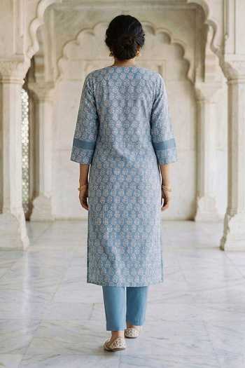 Shop_Missprint_Blue Silk, Chanderi, Cotton V-neck, Yes Block Print Kurta Pant Set _at_Aza_Fashions
