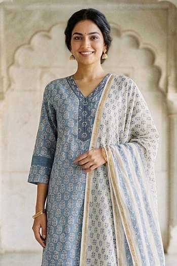 Buy_Missprint_Blue Silk, Chanderi, Cotton V-neck, Yes Block Print Kurta Pant Set _Online_at_Aza_Fashions