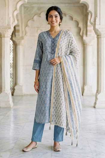 Buy_Missprint_Blue Silk, Chanderi, Cotton V-neck, Yes Block Print Kurta Pant Set _at_Aza_Fashions
