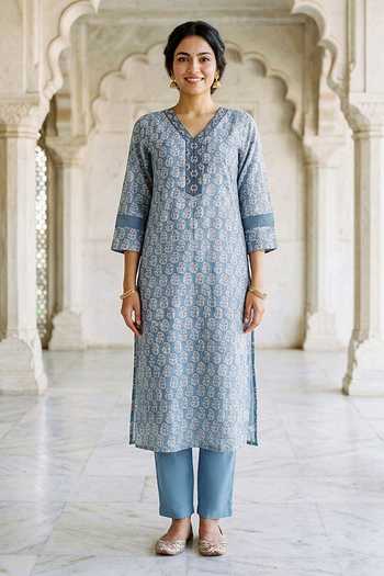 Shop_Missprint_Blue Silk, Chanderi, Cotton V-neck, Yes Block Print Kurta Pant Set _Online_at_Aza_Fashions
