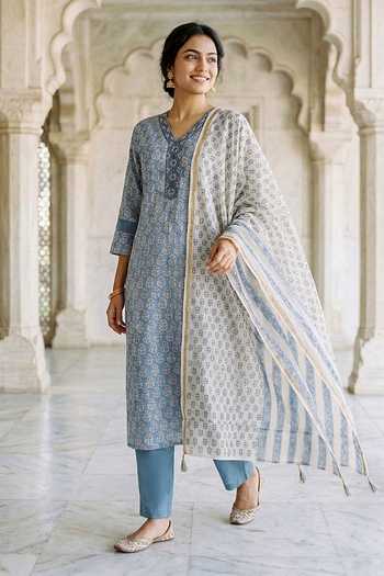 Missprint_Blue Silk, Chanderi, Cotton V-neck, Yes Block Print Kurta Pant Set _at_Aza_Fashions
