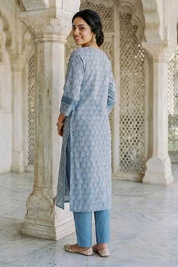 Buy_Missprint_Blue Silk, Chanderi, Cotton V-neck, Yes Block Print Kurta Pant Set 