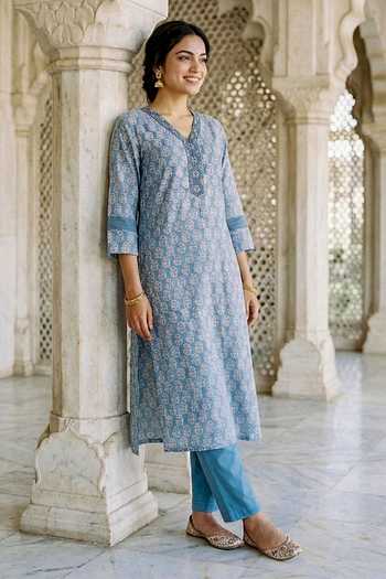 Shop_Missprint_Blue Silk, Chanderi, Cotton V-neck, Yes Block Print Kurta Pant Set 