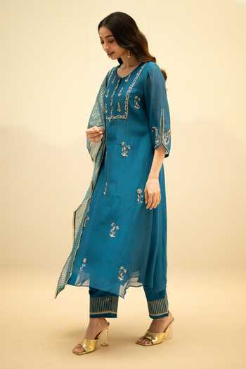 Shop_AM by Anita Mittal_Blue Cotton Round Neck Chandini Mul Chanderi Embroidered Kurta Set _Online_at_Aza_Fashions