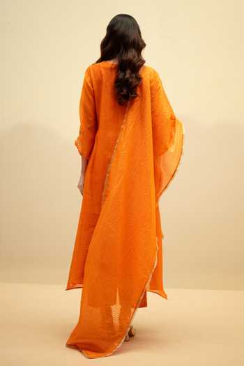Shop_AM by Anita Mittal_Orange Chanderi Round Neck Chandini Embroidered A-line Kurta Set _at_Aza_Fashions