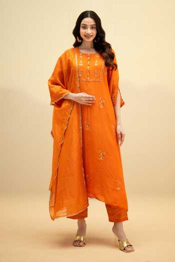 Buy_AM by Anita Mittal_Orange Chanderi Round Neck Chandini Embroidered A-line Kurta Set _Online_at_Aza_Fashions