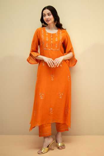 Buy_AM by Anita Mittal_Orange Chanderi Round Neck Chandini Embroidered A-line Kurta Set 