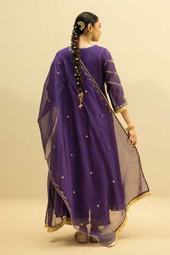 Shop_AM by Anita Mittal_Purple Chanderi V-neck, Yes Chaandbali Hand Embroidered A Line Kurta Set _at_Aza_Fashions