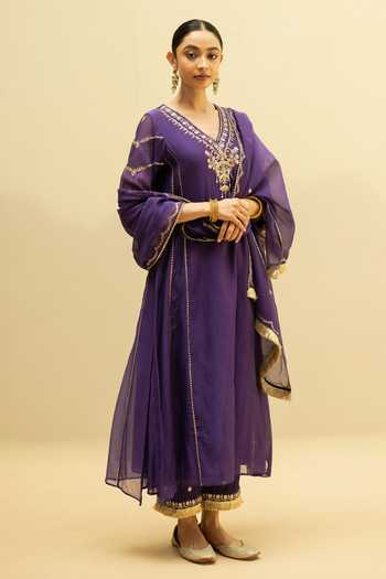 Shop_AM by Anita Mittal_Purple Chanderi V-neck, Yes Chaandbali Hand Embroidered A Line Kurta Set _Online_at_Aza_Fashions