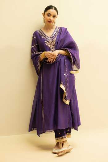 Shop_AM by Anita Mittal_Purple Chanderi V-neck, Yes Chaandbali Hand Embroidered A Line Kurta Set 