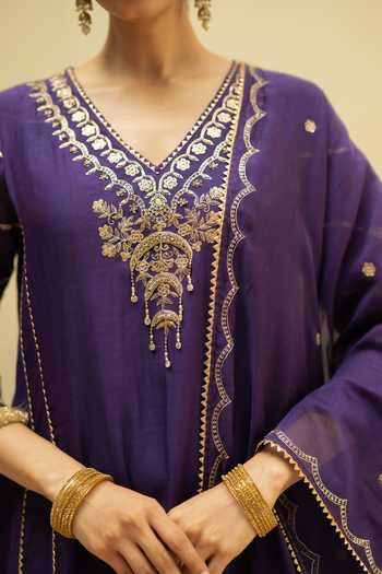 Shop_AM by Anita Mittal_Purple Chanderi V-neck, Yes Chaandbali Hand Embroidered A Line Kurta Set _Online