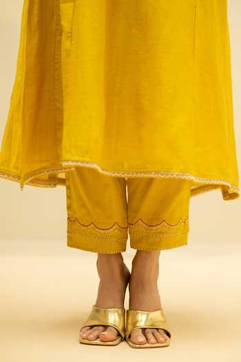 AM by Anita Mittal_Yellow Cotton V-neck Jhoomar Embroidered A Line Kurta Set _at_Aza_Fashions