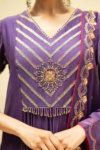 Shop_AM by Anita Mittal_Purple Cotton V-neck Jhoomar A Line Kurta Pant Set _Online_at_Aza_Fashions