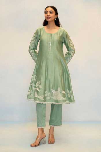 Shop_AM by Anita Mittal_Green Silk, Chanderi Round Neck Seher Anarkali Pant Set _at_Aza_Fashions