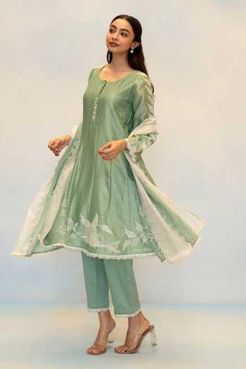 AM by Anita Mittal_Green Silk, Chanderi Round Neck Seher Anarkali Pant Set _Online_at_Aza_Fashions