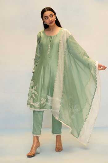 Buy_AM by Anita Mittal_Green Silk, Chanderi Round Neck Seher Anarkali Pant Set _Online_at_Aza_Fashions