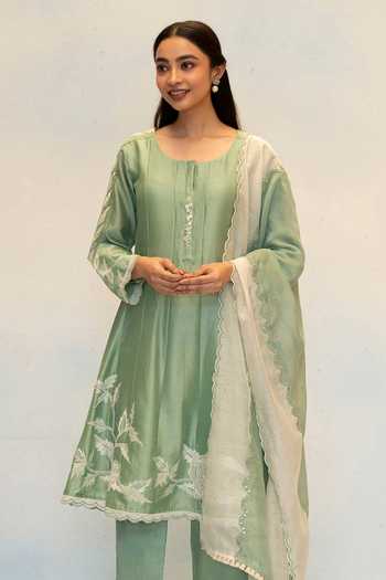 Shop_AM by Anita Mittal_Green Silk, Chanderi Round Neck Seher Anarkali Pant Set _Online_at_Aza_Fashions