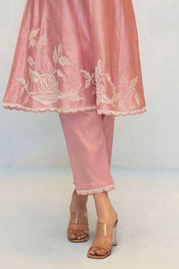 AM by Anita Mittal_Pink Silk, Chanderi Round Neck Seher Embroidered Anarkali Set _Online_at_Aza_Fashions