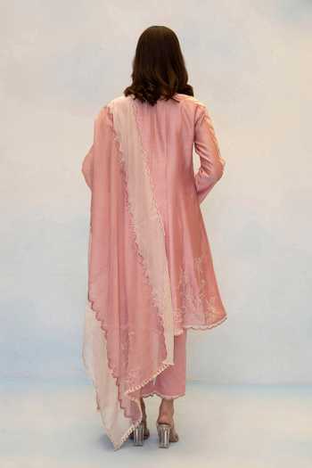 Shop_AM by Anita Mittal_Pink Silk, Chanderi Round Neck Seher Embroidered Anarkali Set _at_Aza_Fashions