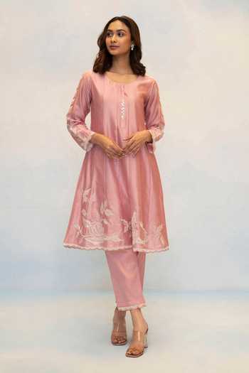 Buy_AM by Anita Mittal_Pink Silk, Chanderi Round Neck Seher Embroidered Anarkali Set _Online_at_Aza_Fashions