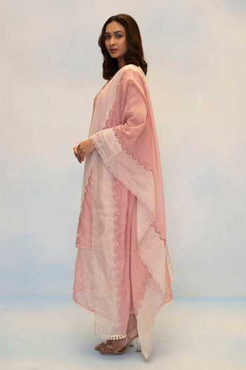 Shop_AM by Anita Mittal_Pink Silk, Chanderi Round Neck Seher Embroidered Anarkali Set _Online_at_Aza_Fashions